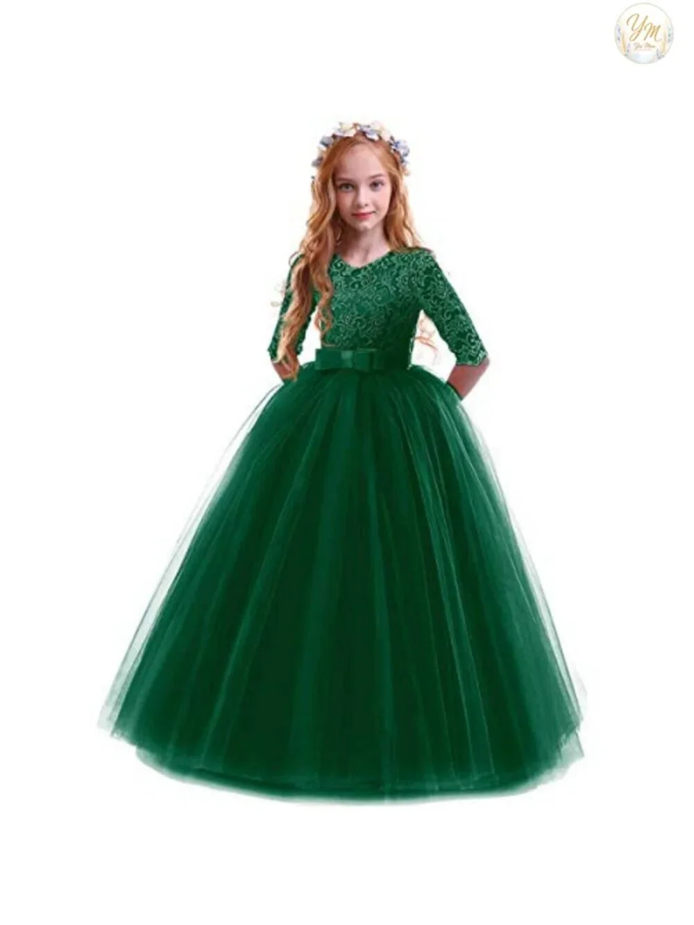 Girls Flower Girl Lace 3/4 Sleeve Wedding Princess Maxi Dress, High Waist, Back
